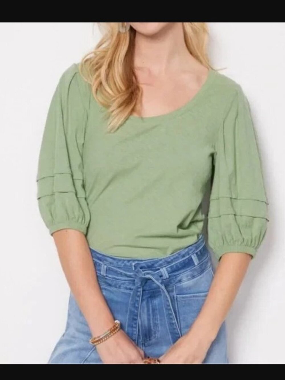 Nation LTD Brand Women's size Small Green Nigella Scoop Neck Top Puff Sleeves